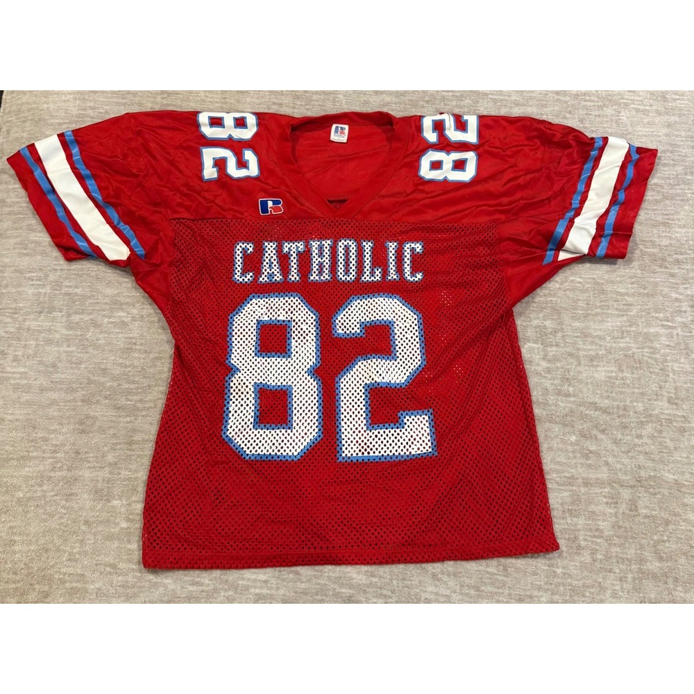 VTG‎ Russell Football Jersey Catholic #82 Red White Blue Stripes Nylon L